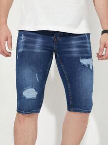 RueChic Hombres Shorts en mezclilla desgarro crudo rasguño de gato - Azul lavado oscuro - Ver 3