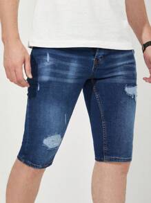 RueChic Hombres Shorts en mezclilla desgarro crudo rasguño de gato - Azul lavado oscuro - Ver 4