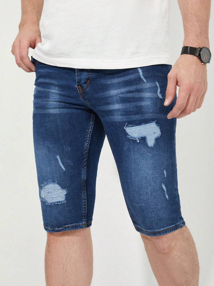 RueChic Men Ripped Frayed Cat Scratch Denim Shorts - Dark Wash - View 5