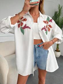 Contrast Sequin Floral Pattern Rolled Sleeve Shirt - White - View 3