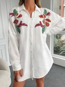 Contrast Sequin Floral Pattern Rolled Sleeve Shirt - White - View 4