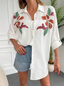 Contrast Sequin Floral Pattern Rolled Sleeve Shirt - White - View 1