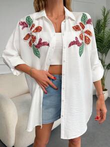 Contrast Sequin Floral Pattern Rolled Sleeve Shirt - White - View 5