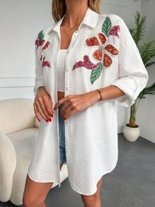 Contrast Sequin Floral Pattern Rolled Sleeve Shirt - White - View 6
