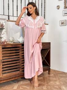 SHEIN Maternity Contrast Lace Ruffle Hem Dress