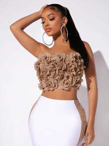 SHEIN SXY 女性多層荷葉邊裝飾的無肩帶上衣 - 杏色 - 查看 7