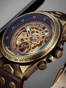 1入組棕色PU聚氨酯帶時尚圓形錶盤機械手表,日常裝飾 - 銅色 - 查看 1