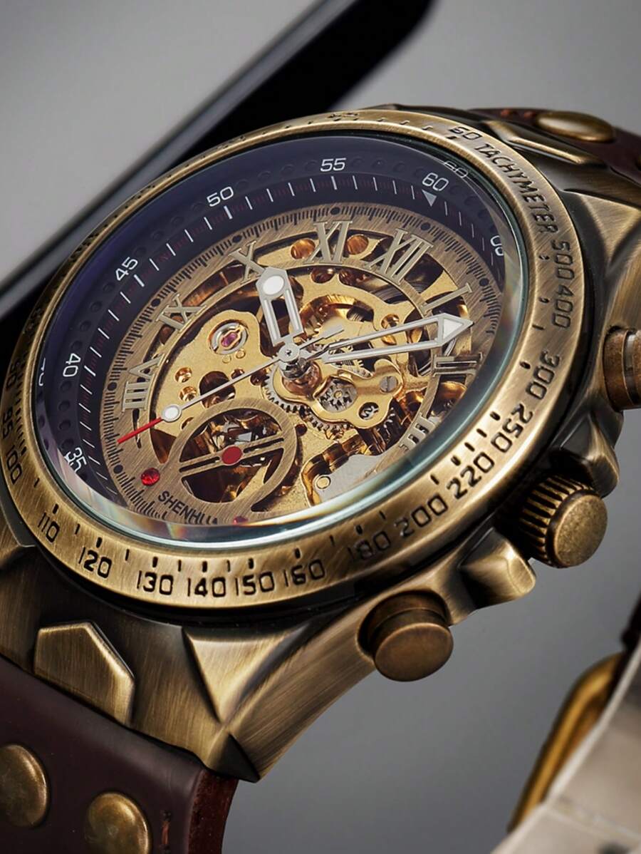 1入組棕色PU聚氨酯帶時尚圓形錶盤機械手表,日常裝飾 - 銅色 - 查看 1