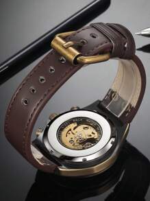 1入組棕色PU聚氨酯帶時尚圓形錶盤機械手表,日常裝飾 - 銅色 - 查看 3