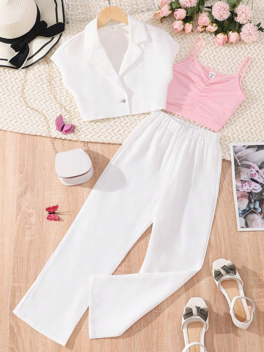 SHEIN 青少女騎士領蝙蝠袖襯衫+收褶細肩帶上衣+褲子 - 彩色 - 查看 1