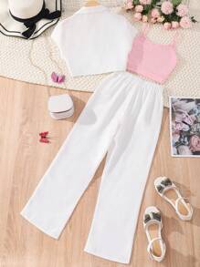 SHEIN 青少女騎士領蝙蝠袖襯衫＋收褶細肩帶上衣＋褲子 - 彩色 - 查看 2