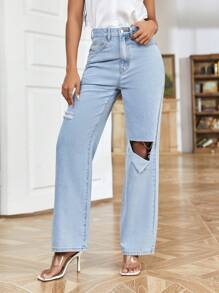 SHEIN Essnce Solid Ripped Detail Jeans - Light Wash - View 4