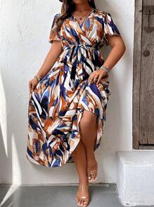 SHEIN Clasi Plus Allover Print Butterfly Sleeve Belted Dress - Multicolor - View 1
