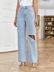 SHEIN Essnce Solid Ripped Detail Jeans - Light Wash - View 3