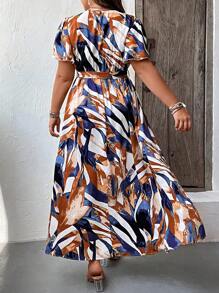 SHEIN Clasi Plus Allover Print Butterfly Sleeve Belted Dress - Multicolor - View 2
