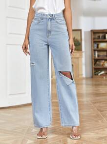 SHEIN Essnce Solid Ripped Detail Jeans - Light Wash - View 5