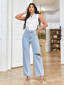 SHEIN Essnce Solid Ripped Detail Jeans - Light Wash - View 1