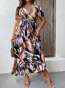 SHEIN Clasi Plus Allover Print Butterfly Sleeve Belted Dress - Multicolor - View 4