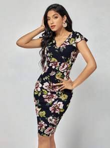 SHEIN Clasi Summer Vacation Outfits Floral Print Ruffle Trim Bodycon Dress - Multicolor - View 4