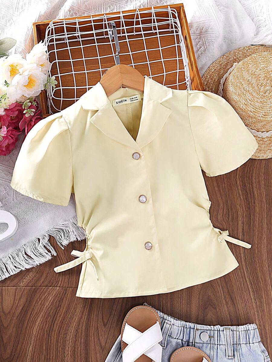 SHEIN Girls Lapel Neck Puff Sleeve Knot Side Button Front Shirt - Apricot - View 1