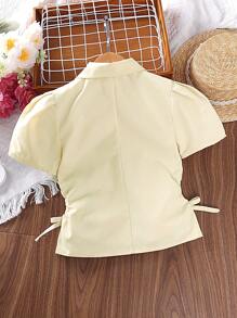 SHEIN Girls Lapel Neck Puff Sleeve Knot Side Button Front Shirt - Apricot - View 2