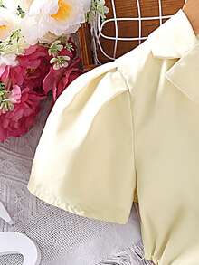 SHEIN Girls Lapel Neck Puff Sleeve Knot Side Button Front Shirt - Apricot - View 3
