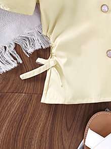SHEIN Girls Lapel Neck Puff Sleeve Knot Side Button Front Shirt - Apricot - View 5
