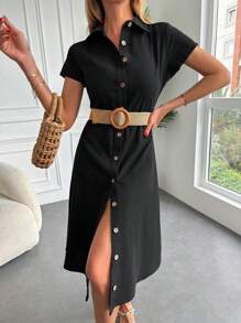 EURMUSE Solid Button Front Shirt Dress Without Belt - Black - View 7