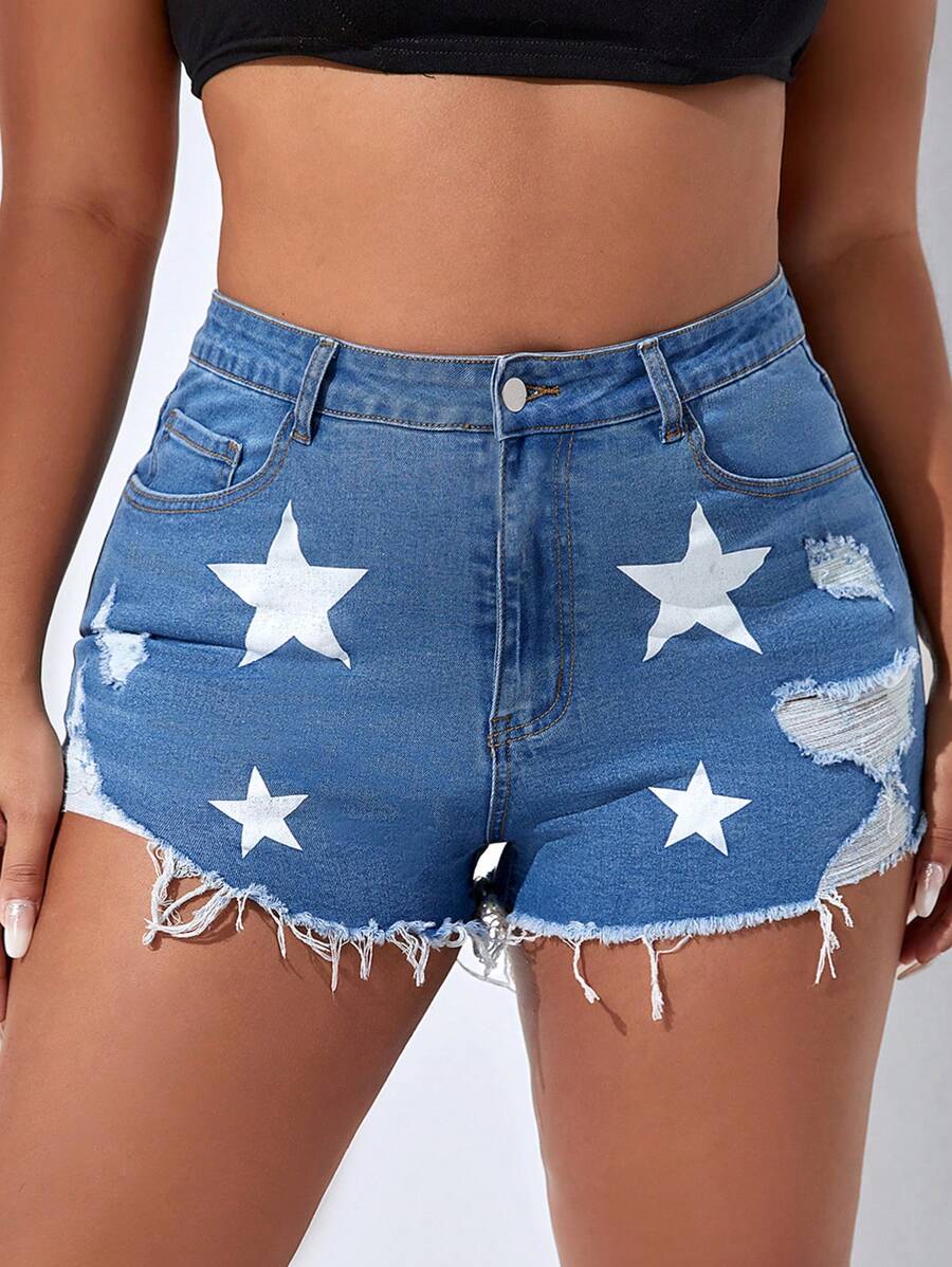 SHEIN Qutie 大碼星星印花破洞毛邊牛仔短褲 - 中等水洗藍 - 查看 1