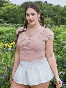 ROMWE Kawaii Plus Ruched Lace Tee