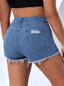 SHEIN Qutie 大碼星星印花破洞毛邊牛仔短褲 - 中等水洗藍 - 查看 5