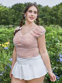 ROMWE Kawaii Plus Ruched Lace Tee