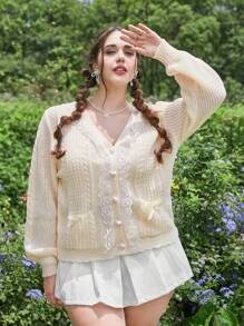 ROMWE Kawaii 大碼蕾絲拼接前蝴蝶結燈籠袖開襟衫 - 杏色 - 查看 1