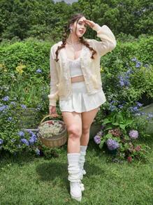 ROMWE Kawaii 大碼蕾絲拼接前蝴蝶結燈籠袖開襟衫 - 杏色 - 查看 2