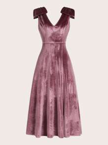 GENKIRA 素色肩部蝴蝶結連衣裙 - 紫色 - 查看 1