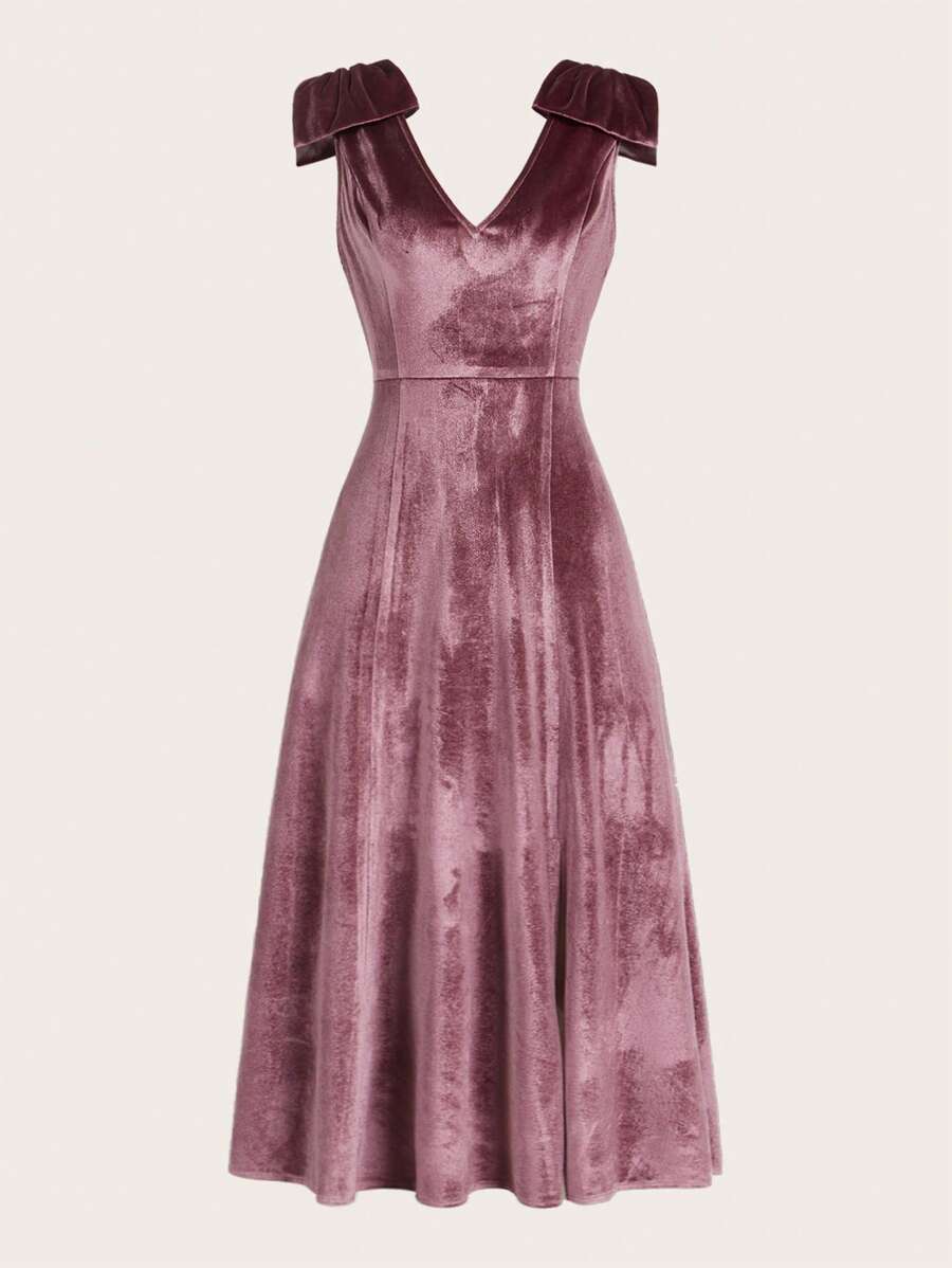 GENKIRA 素色肩部蝴蝶結連衣裙 - 紫色 - 查看 1