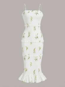 GENKIRA Đầm viền lá sen Viên lá sen Dải chun Hoa Thanh lịch - Màu be - Xem 1