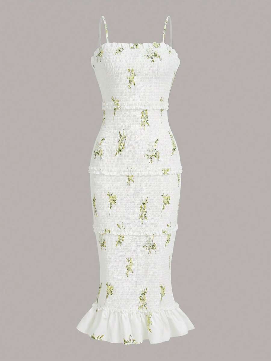 GENKIRA Đầm viền lá sen Viên lá sen Dải chun Hoa Thanh lịch - Màu be - Xem 1