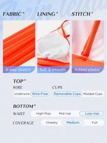 SHEIN Swim Conjunto de bikini sólido en forma de triángulo con tirantes espagueti, traje de baño para playa de verano - Naranja - Ver 4