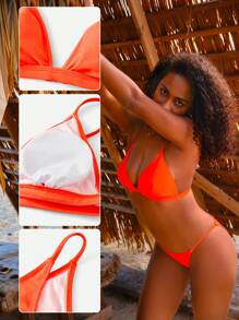 SHEIN Swim Conjunto de bikini sólido en forma de triángulo con tirantes espagueti, traje de baño para playa de verano - Naranja - Ver 5