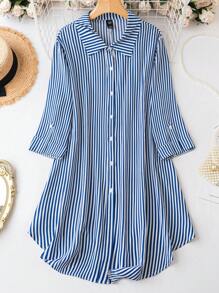 SHEIN LUNE Plus Striped Print Roll Tab Sleeve Shirt Dress - Royal Blue - View 1