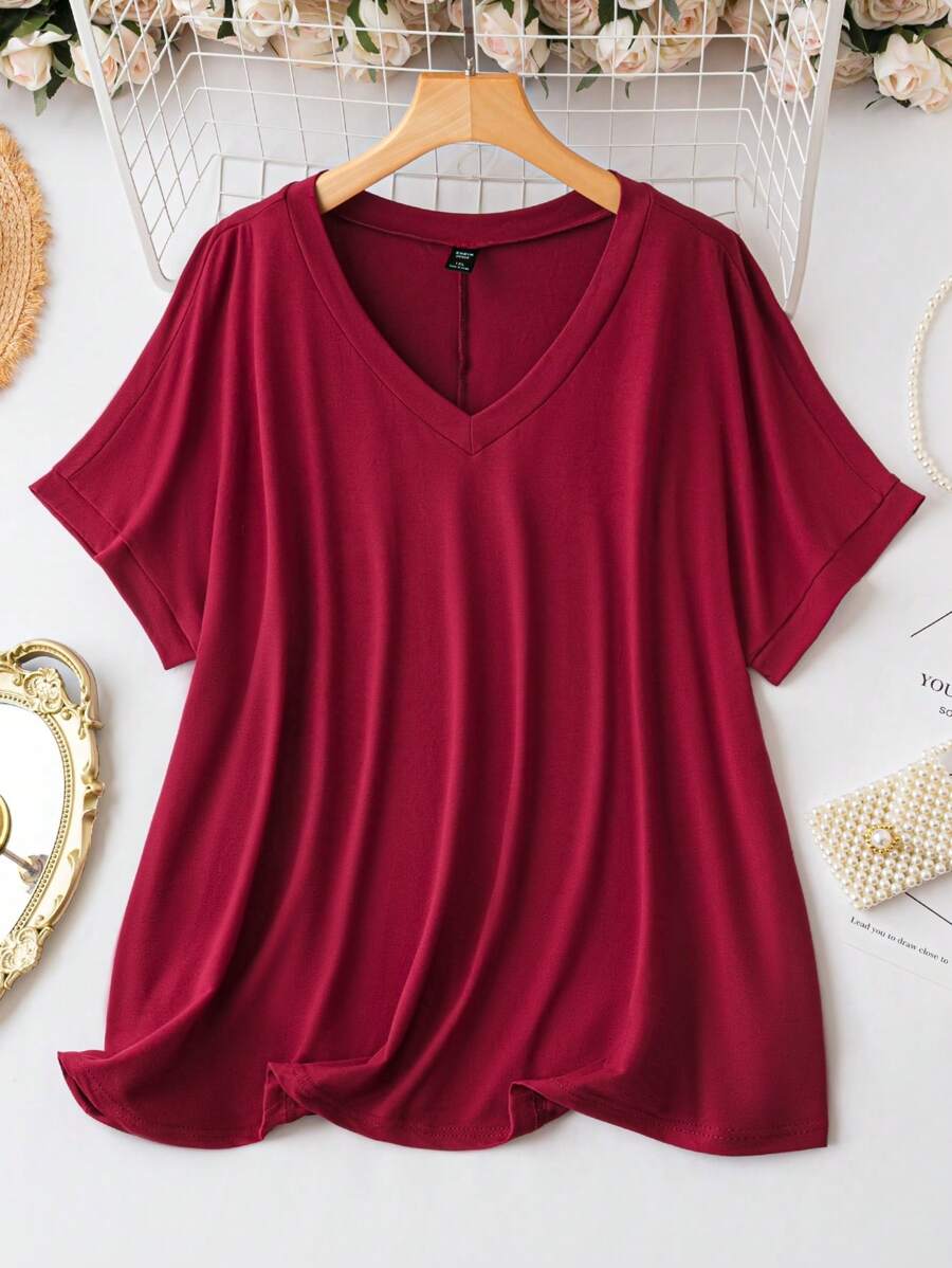 EMERY ROSE Plus Solid V Neck Tee - Burgundy - View 1