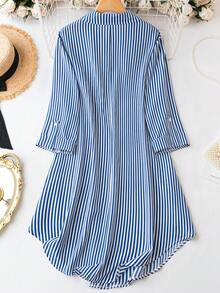 SHEIN LUNE Plus Striped Print Roll Tab Sleeve Shirt Dress - Royal Blue - View 2