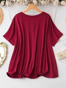 EMERY ROSE Plus Solid V Neck Tee - Burgundy - View 2