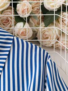 SHEIN LUNE Plus Striped Print Roll Tab Sleeve Shirt Dress - Royal Blue - View 4