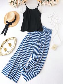 Flirla Top de tirantes unicolor & Pantalones de pierna ancha de rayas - Multicolor - Ver 1