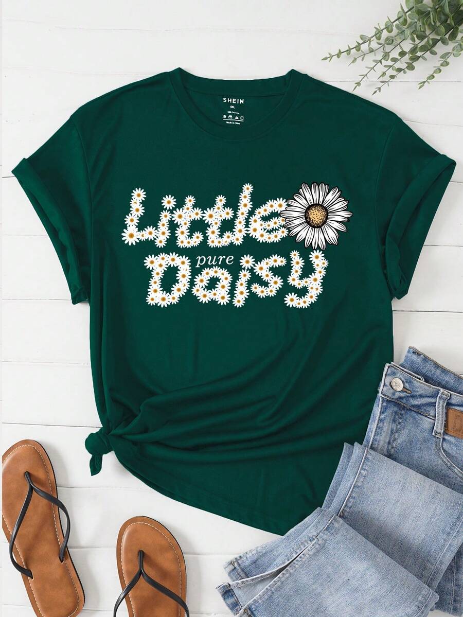 Áo thun Plus size Hoa Lá thư Giải trí - Màu xanh lá cây đậm - Xem 1