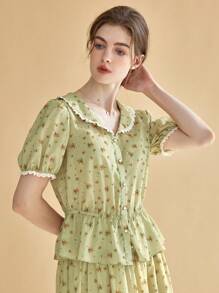 Simple Retro Áo sơ mi nữ Viên lá sen Nút phía trước Họa tiết hoa Dễ thương - màu xanh lá - Xem 1