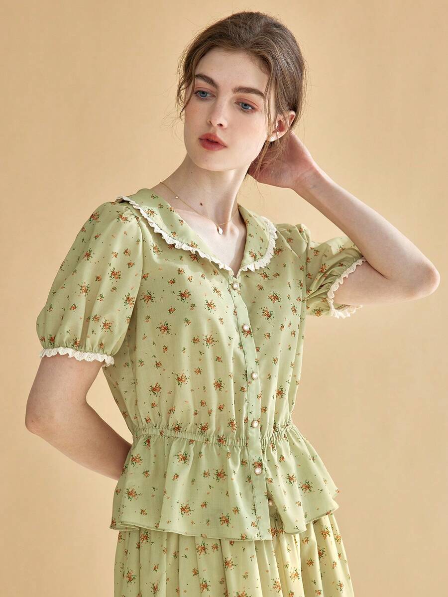 Simple Retro Áo sơ mi nữ Viên lá sen Nút phía trước Họa tiết hoa Dễ thương - màu xanh lá - Xem 1