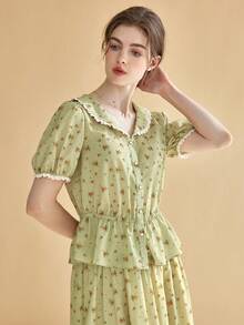 Simple Retro Áo sơ mi nữ Viên lá sen Nút phía trước Họa tiết hoa Dễ thương - màu xanh lá - Xem 3